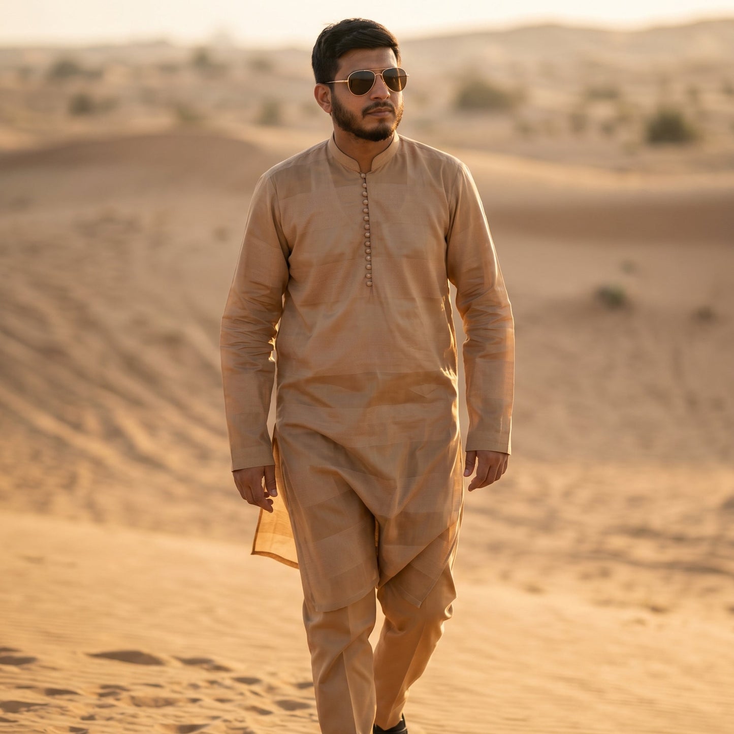 Self Stripe Summer Kurta with Straight Trouser – Beige Gold
