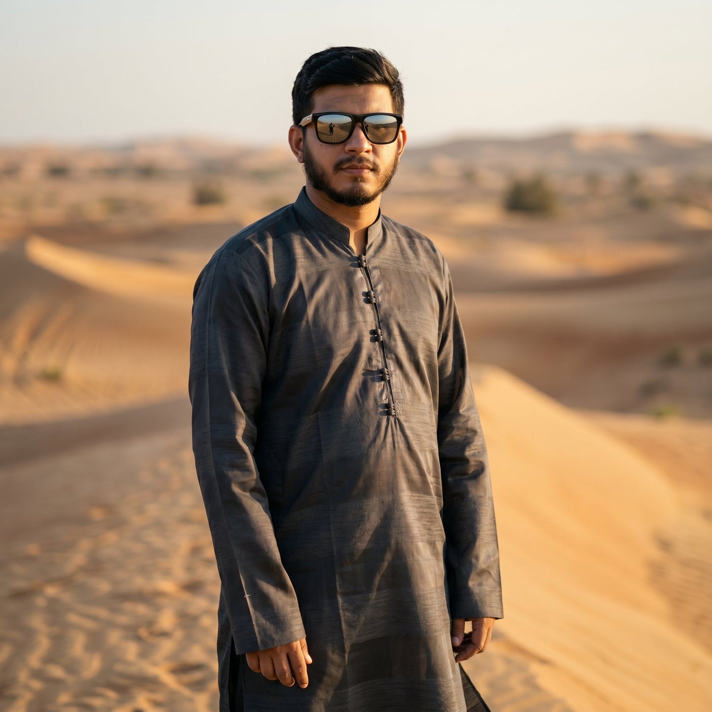 Self Stripe Summer Kurta with Straight Trouser – Charcoal Grey