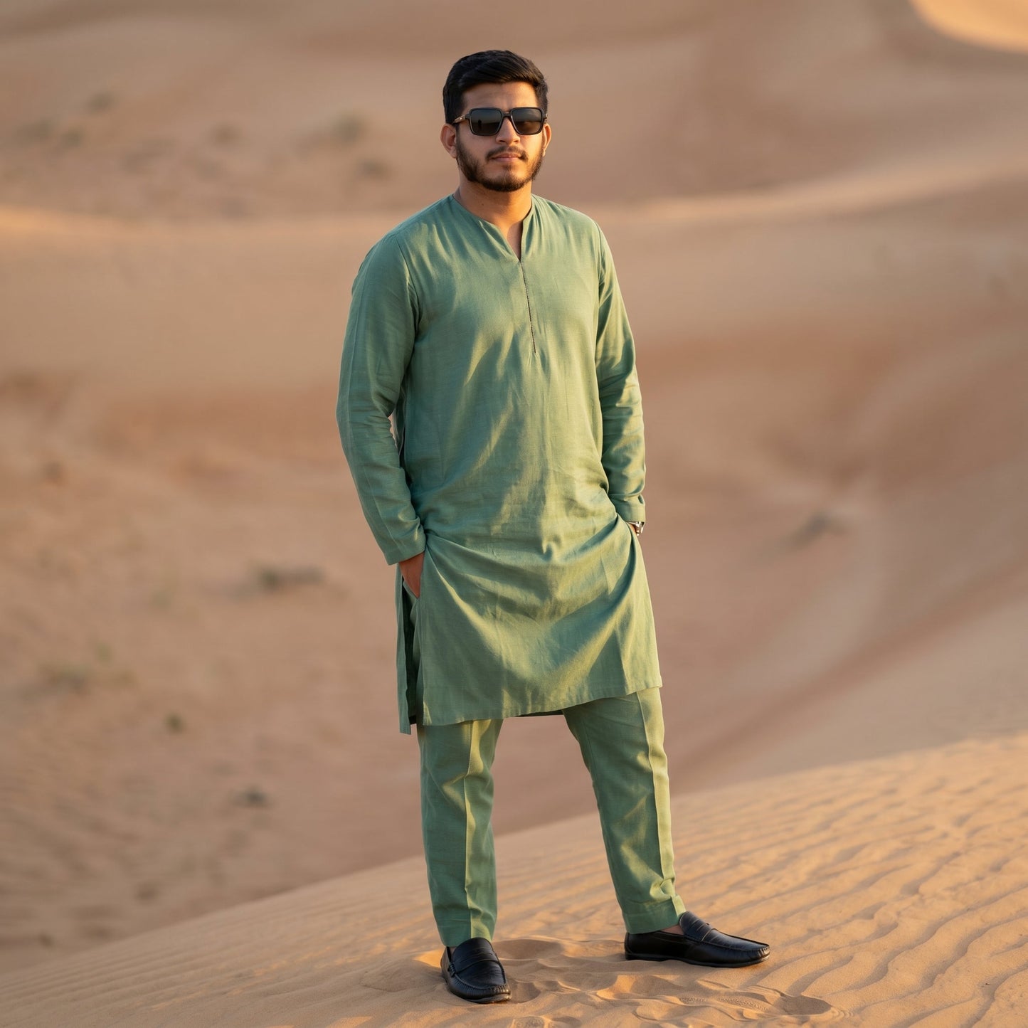Men’s Wedding Short Sherwani Set – Pure Karandi Soft Texture – Mint Green | Formal Wear