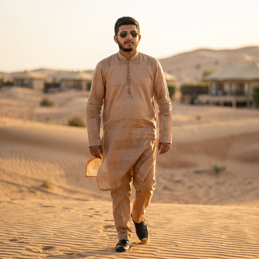 Self Stripe Summer Kurta with Straight Trouser – Beige Gold