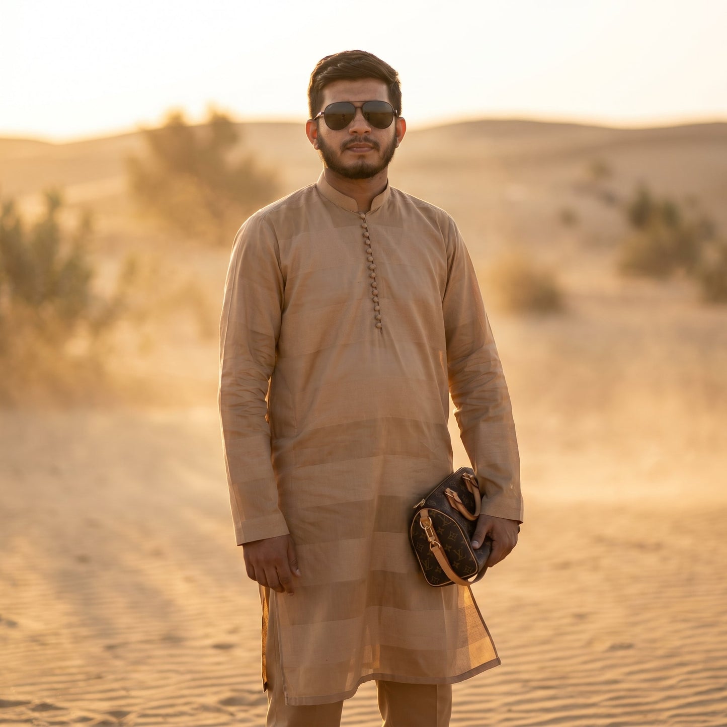 Self Stripe Summer Kurta with Straight Trouser – Beige Gold