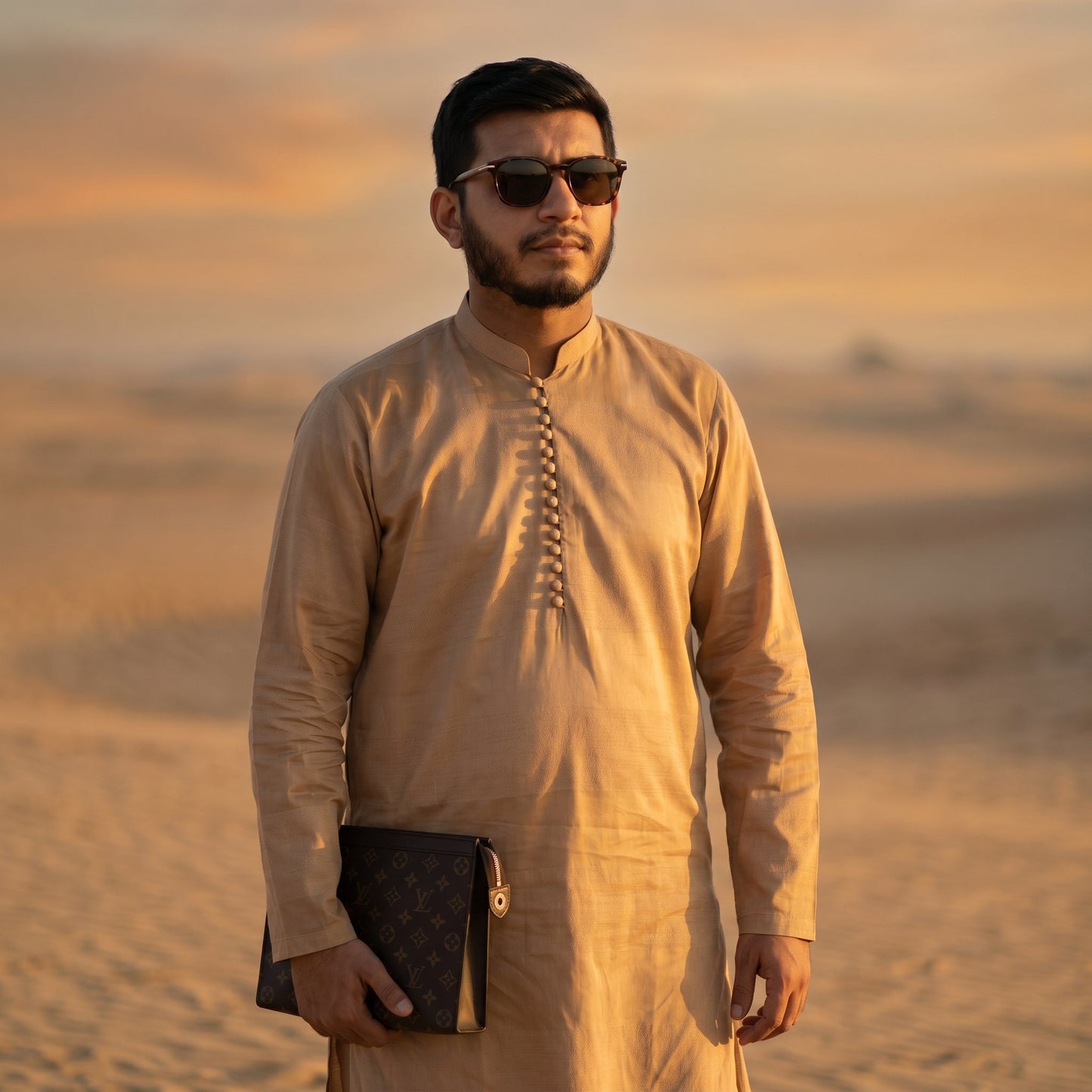 Self Stripe Summer Kurta with Straight Trouser – Beige Gold