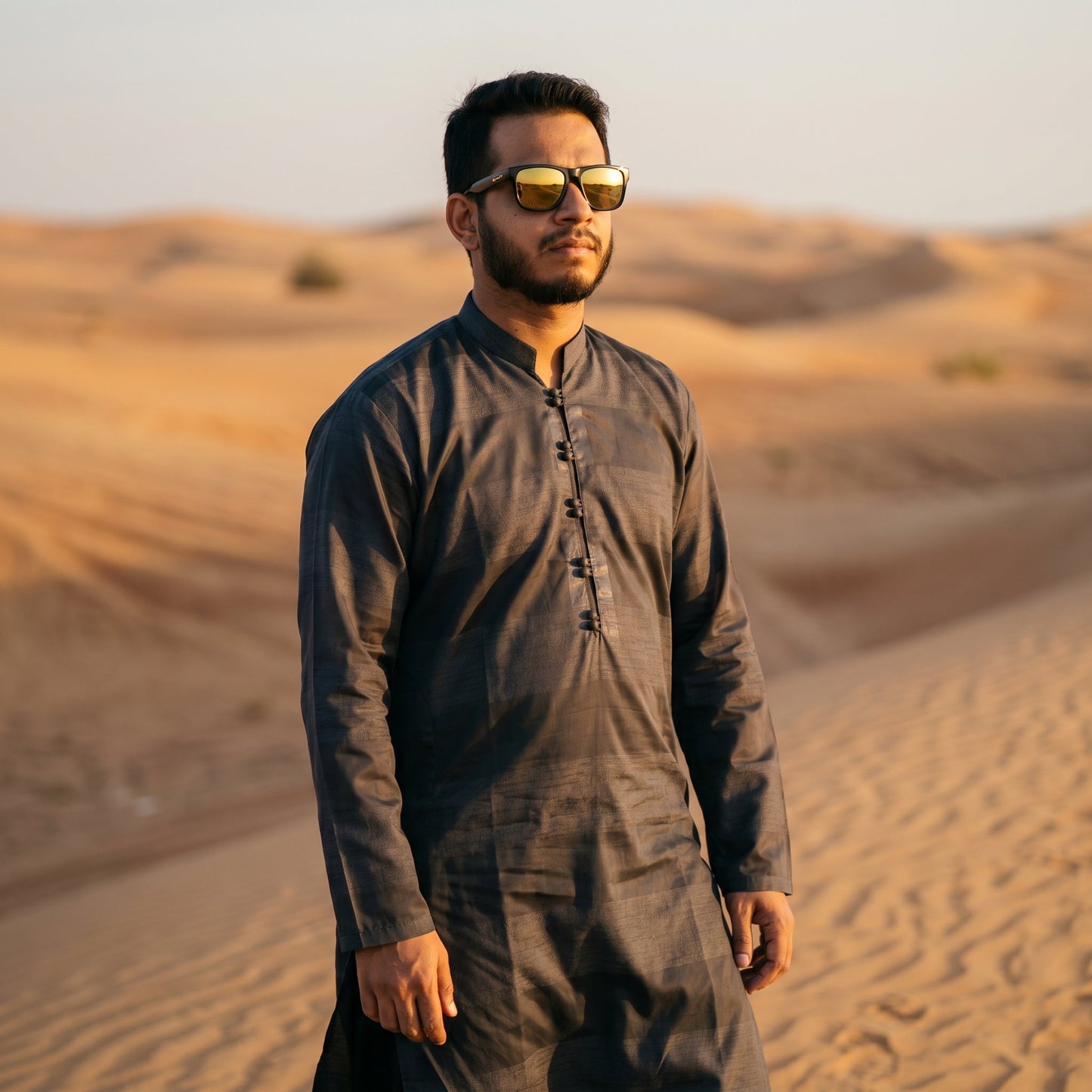 Self Stripe Summer Kurta with Straight Trouser – Charcoal Grey