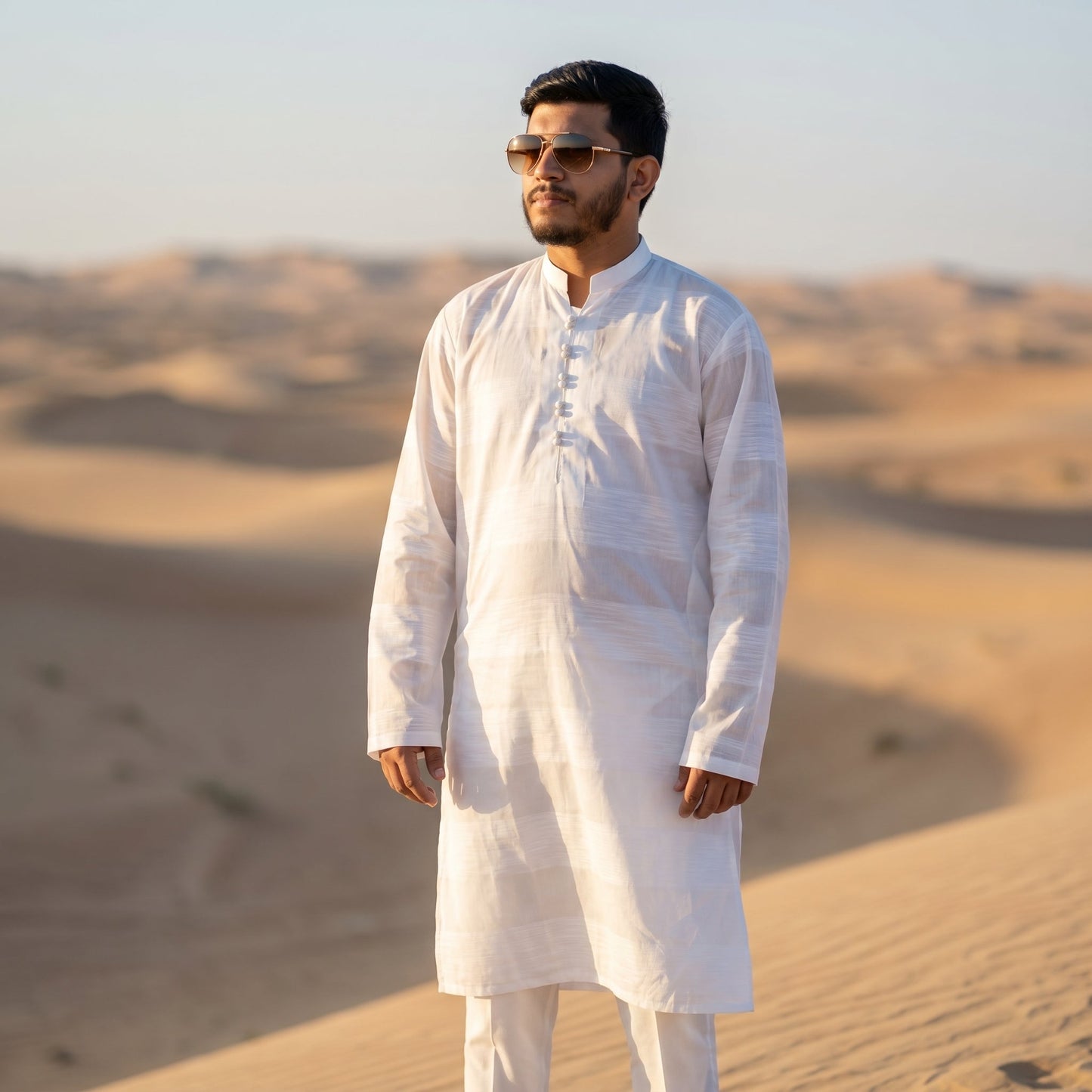 Self Stripe Summer Kurta with Straight Trouser – White