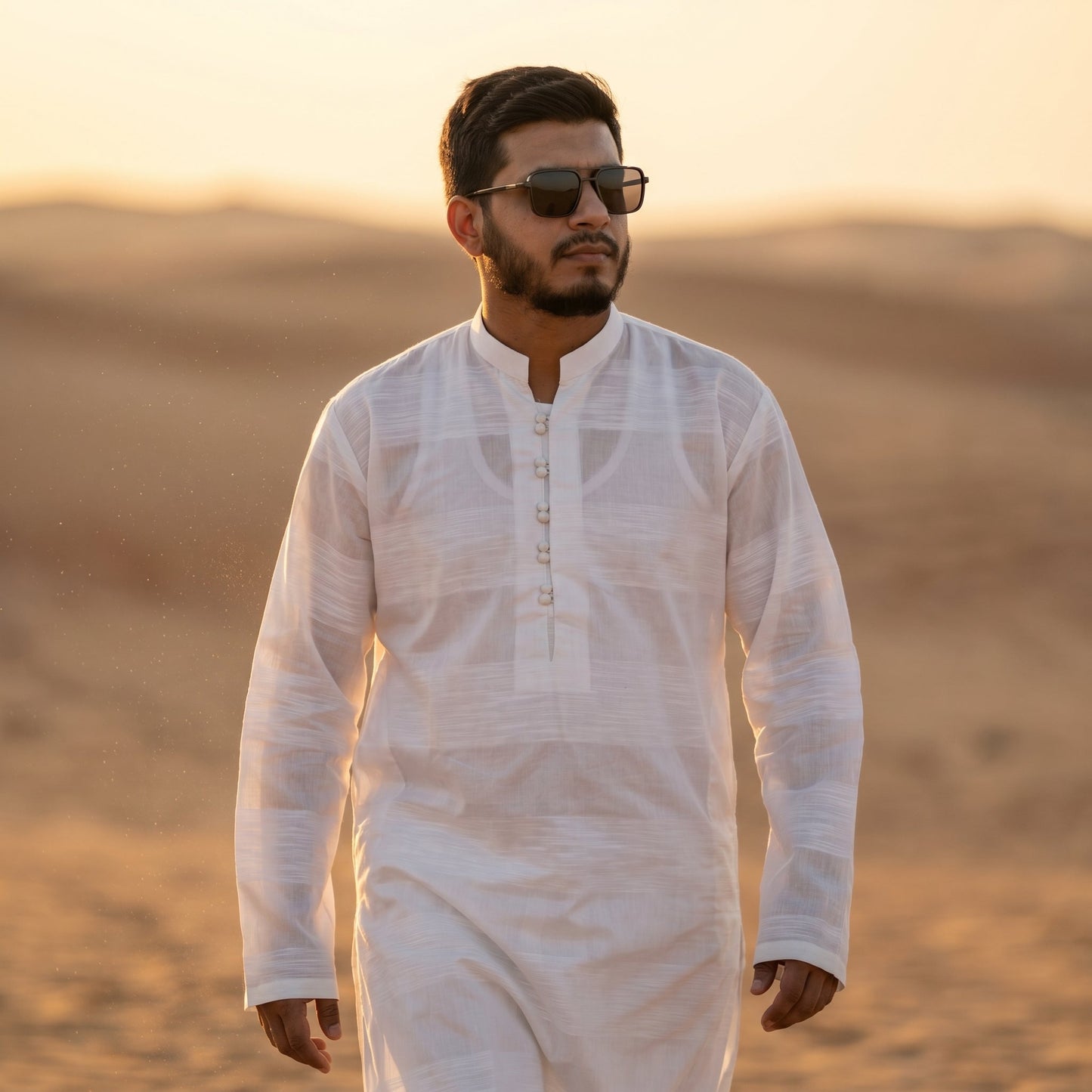 Self Stripe Summer Kurta with Straight Trouser – White