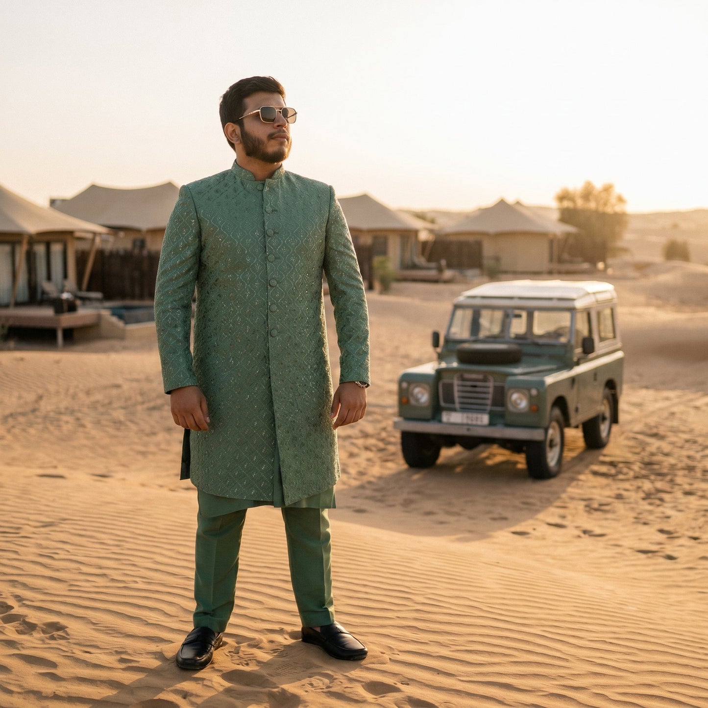 Men’s Wedding Short Sherwani Set – Pure Karandi Soft Texture – Mint Green | Formal Wear