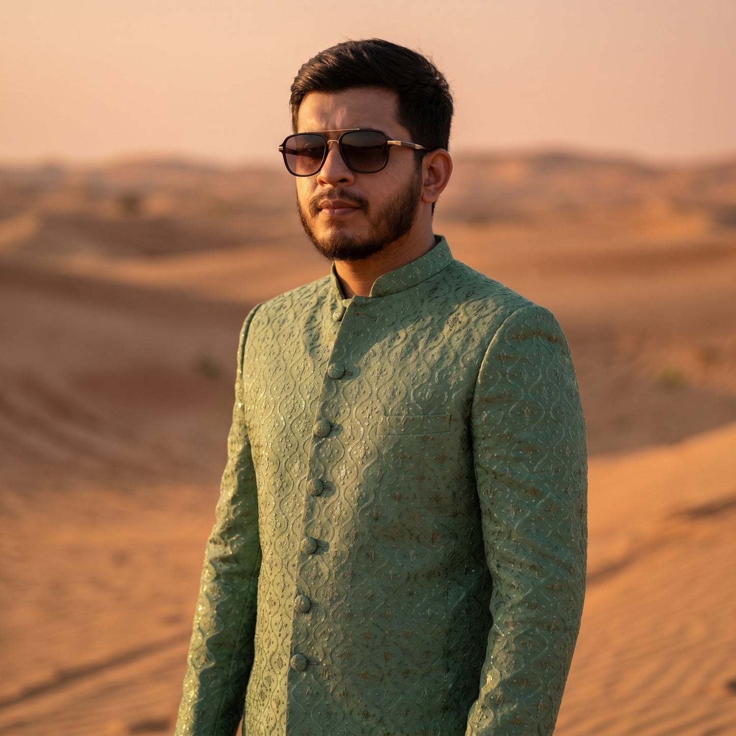 Men’s Wedding Short Sherwani Set – Pure Karandi Soft Texture – Mint Green | Formal Wear